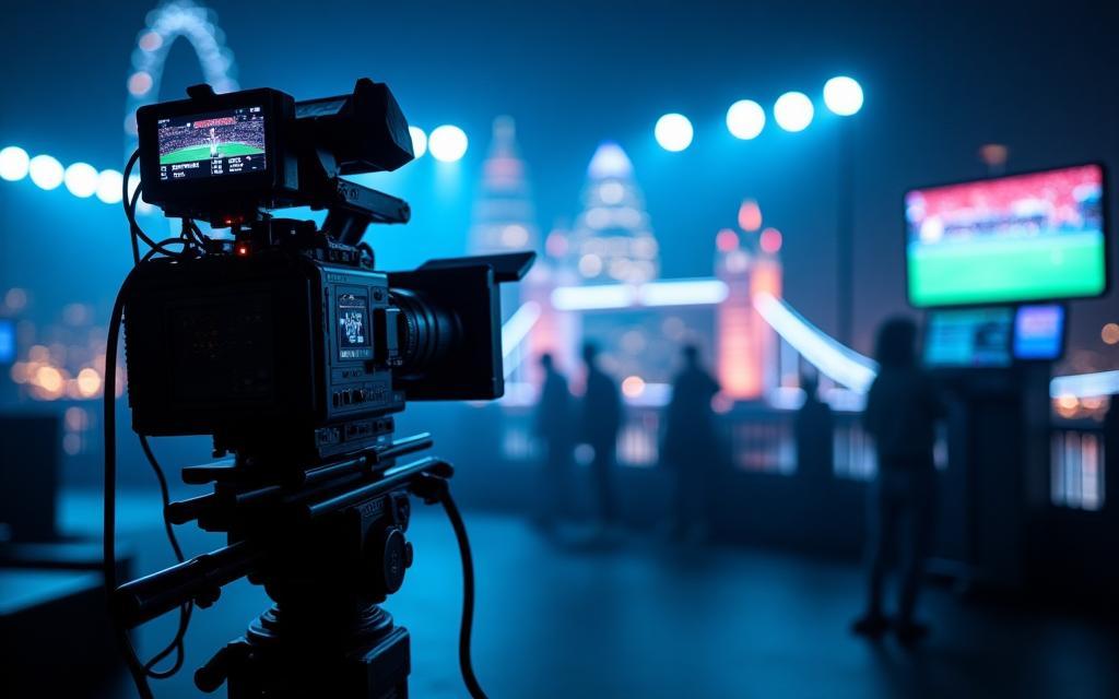 Dynamic shot of a professional sports broadcasting setup with London skyline in the background.